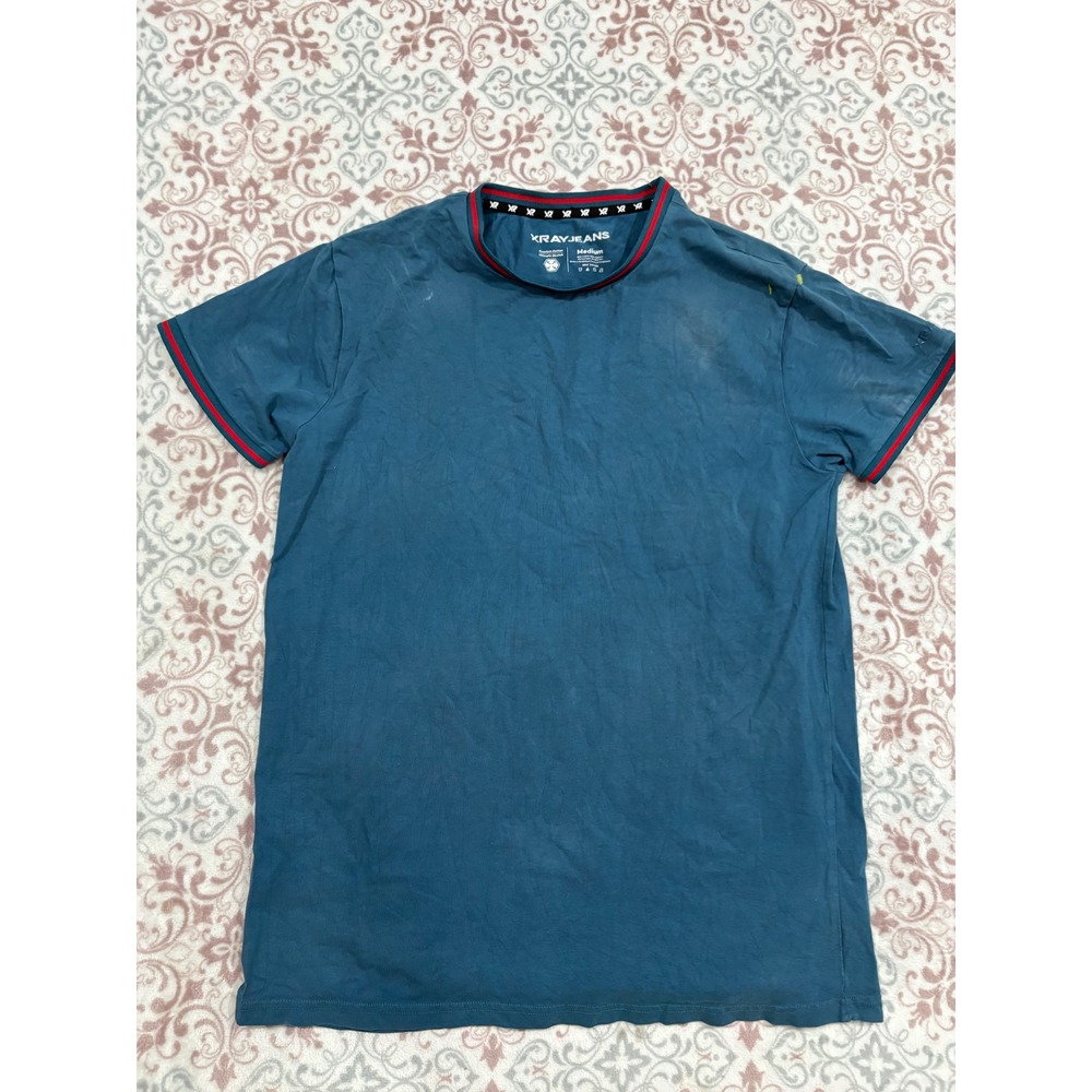 XRAYJEANS Mens Premium Cotton Stretch T-Shirt Teal Blue Red Stripe Trim Medium